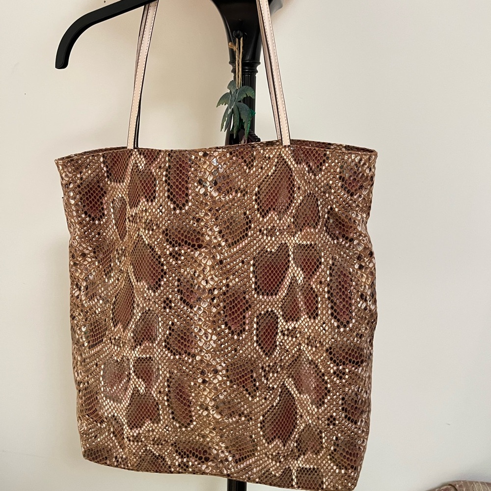 Sorial Metallic Brown Snake-Embossed fabric Shoulder Tote leather straps